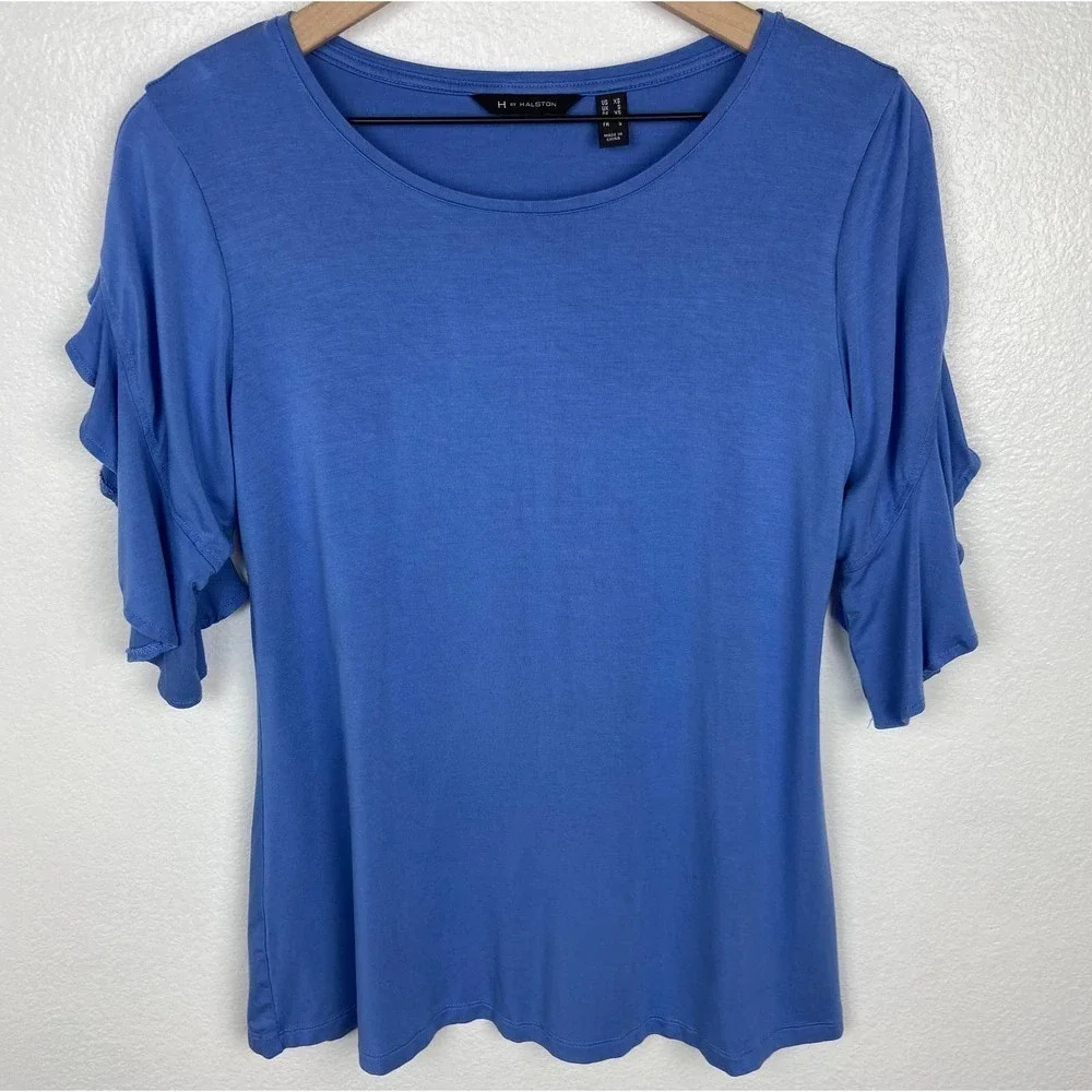 H by Halston Flutter Sleeve Crew Neck Knit Top Pool Blue Size Extra Small XS